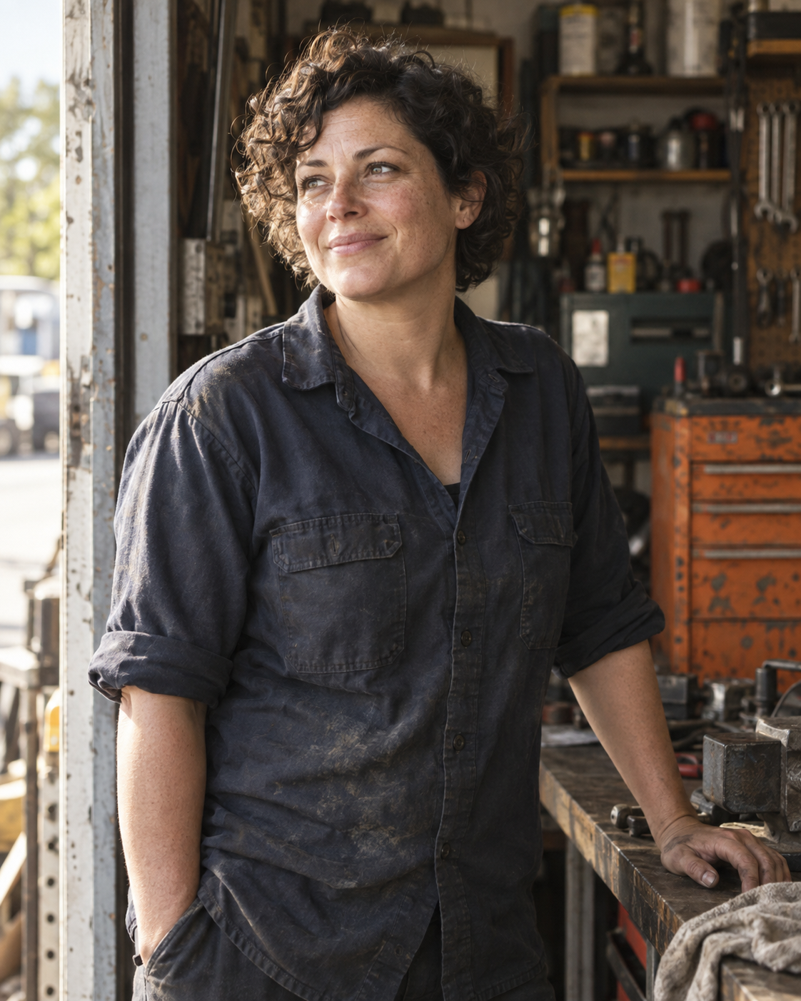 Illustrative portrait of a service technician in a repair workshop.